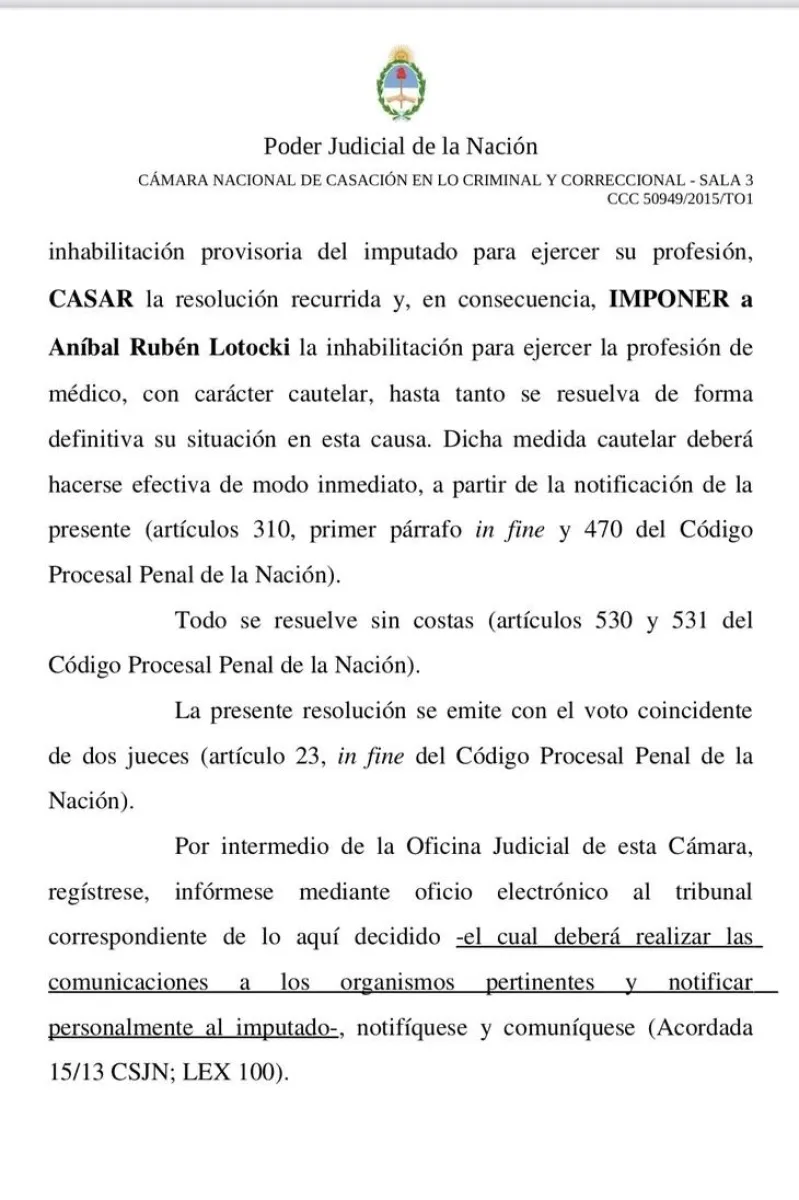 Documento que inhabilita a Lotocki