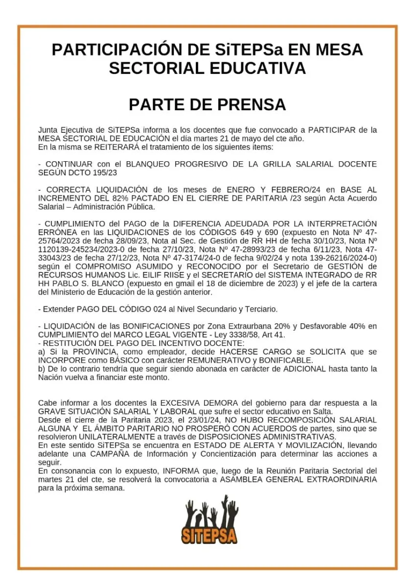 docentes Mesa sectorial de educacion gobierno salta gremios 