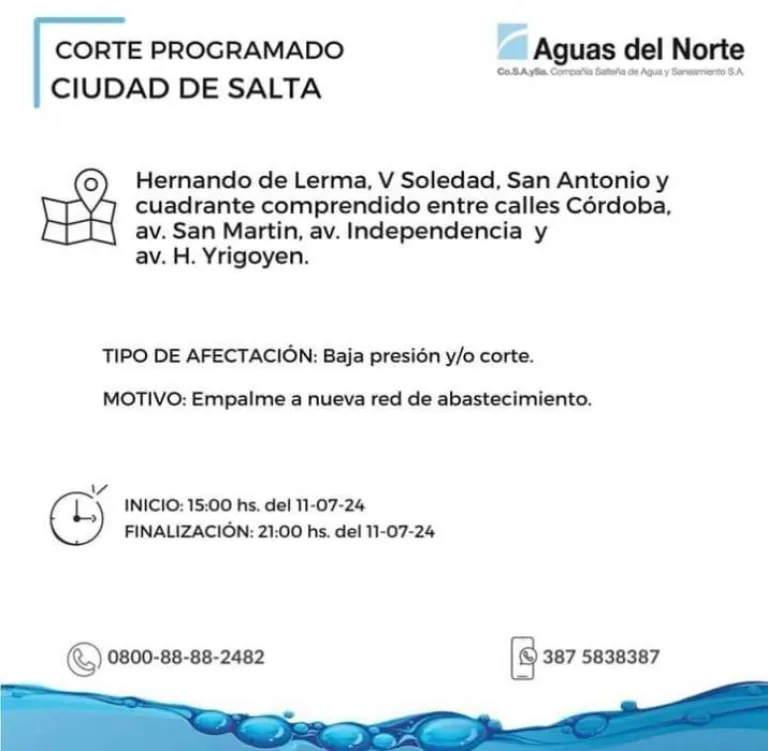 Cortes programados de Aguas del Norte 