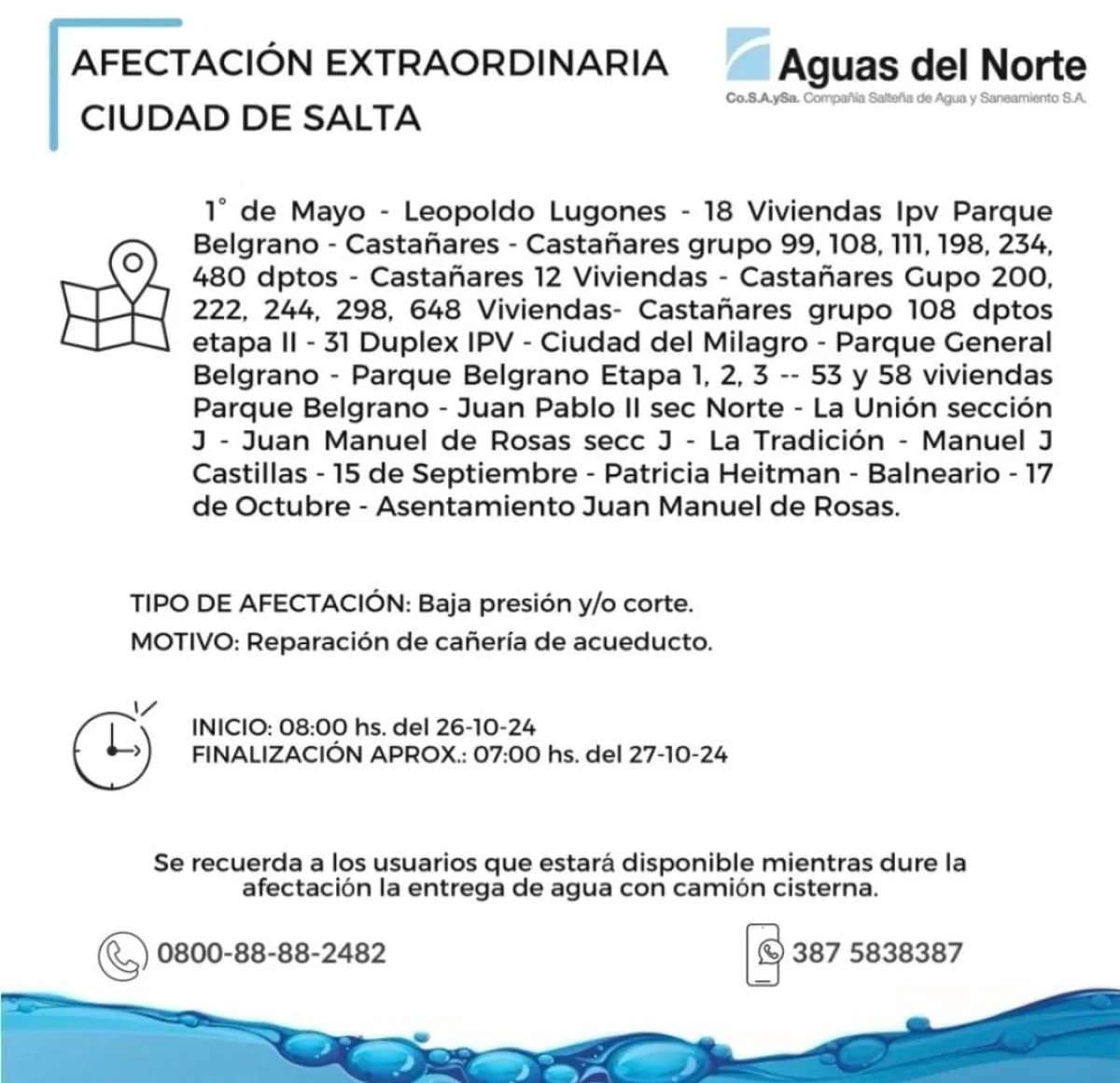 Aguas del Norte cortes programados