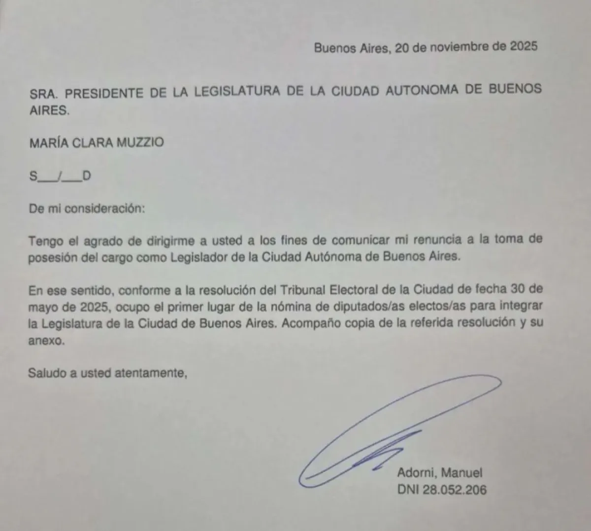 Adorni incumplió su promesa de campaña y firmó su renuncia a la Legislatura