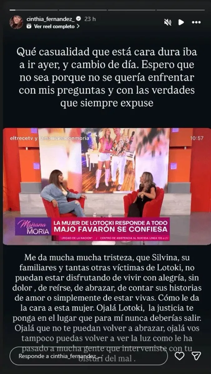 Cinthia Fern&aacute;ndez enojada con entrevista de esposa de Lotocki