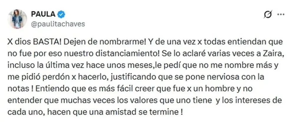 Paula Chaves descarg&oacute; a Zaira Nara tras nombrarla en declaraciones