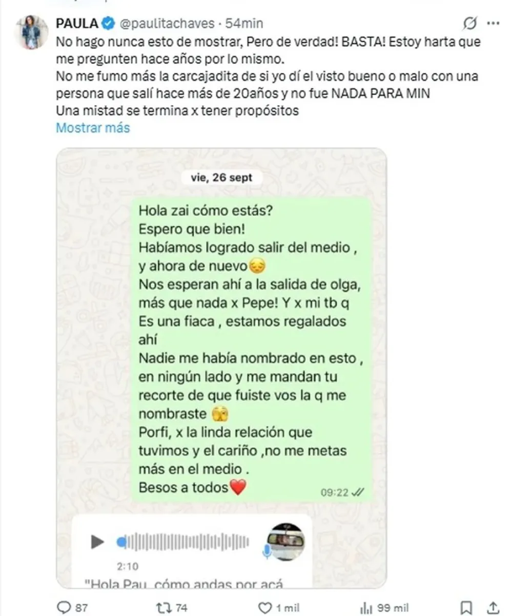 Paula Chaves descarg&oacute; a Zaira Nara tras nombrarla en declaraciones