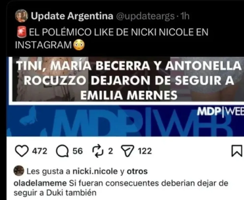 Nicki Nicole aclar&oacute; los me gusta en el conflicto de Tini Stoessel y Emilia Mernes