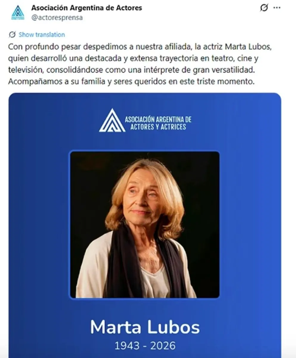 Muri&oacute; Marta Lubos actriz de profesi&oacute;n