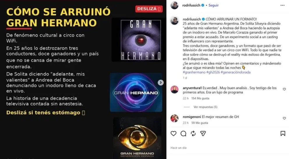 Rodrigo Lussich explot&oacute; sobre Gran Hermano con cr&iacute;ticas fulminantes