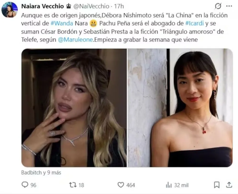 Desde que se confirmó que Wanda Nara prepara una serie vertical basada en su vida sentimental, la atención se centró rápidamente en el elenco que dará vida a los personajes clave de una historia que, durante años, ocupó el centro de la escena mediática. La expectativa no tardó en crecer, impulsada por el interés en ver cómo se trasladarán esos episodios a la ficción. El proyecto, titulado Triángulo amoroso, fue concebido para consumo en dispositivos móviles, con un formato dinámico y directo. La propuesta busca reconstruir, con ciertos matices ficcionales, los momentos más comentados de la vida personal de Wanda, aquellos que generaron debates, titulares y una fuerte repercusión tanto en seguidores como en críticos. Uno de los puntos que más repercusión generó fue la elección de la actriz que interpretará al personaje inspirado en la China Suárez. Según informó la periodista Maru Leone, el papel recaerá en Débora Nishimoto, actriz de origen japonés y pareja de Esteban Lamothe, una decisión que sorprendió dentro del ambiente. Informa Voces Críticas. Este rol no es menor dentro de la trama: se trata de una figura central en el conflicto narrativo, ya que remite a quien fue señalada públicamente por Wanda Nara como responsable de interferir en su relación con Mauro Icardi. En ese sentido, su presencia será clave para sostener la tensión dramática. El elenco suma además nombres reconocidos que aportan experiencia y peso a la producción. Pachu Peña interpretará a un abogado vinculado al entorno de Maxi López, mientras que César Bordón y Sebastián Presta asumirán personajes relevantes. A ellos se suma Eugenia Guerty, quien encarnará a la directora del proyecto dentro de la historia. Según trascendió, el inicio de las grabaciones es inminente. La serie también incorporará referencias directas al mundo del espectáculo y el periodismo de farándula. Yanina Latorre aparecerá como conductora de un programa de chimentos y Pía Shaw como panelista, reforzando el tono actual y reconocible. Con episodios breves, ritmo ágil y un claro enfoque en la viralización, Triángulo amoroso busca adaptarse a las nuevas formas de consumo y ofrecer una mirada ficcional sobre una historia que ya es parte del imaginario mediático.