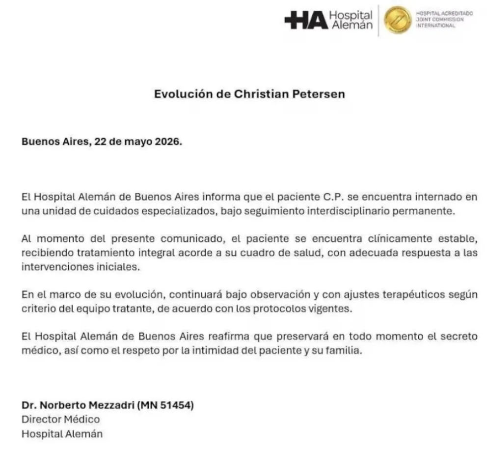 Parte m&eacute;dico sobre la salud de Christian Petersen