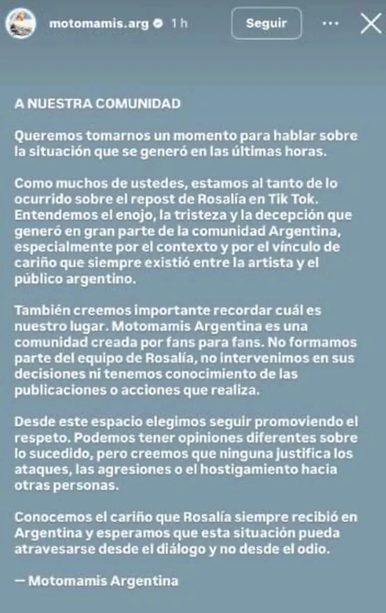 El comunicado publicado por los fans argentinos de Rosal&iacute;a